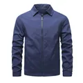 Detailed front view of a minimalist dark blue men's windproof jacket with a full zipper - S / Tops / Navy Blue