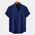 Navy blue men's short sleeve linen cotton shirt with stand collar and half placket - Dark Blue