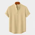 Men's khaki cotton linen short sleeve shirt with stand collar and button placket - Earthy Yellow