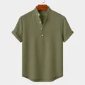 Casual olive green men's linen short sleeve shirt with mandarin collar and buttons - Army Green