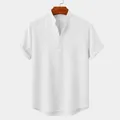 Classic men's white casual short sleeve cotton linen shirt with a stand collar design - White
