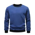 Blue fleece crewneck sweatshirt for men with zipper sleeve pocket and ribbed trim - S / Tops / Dark Blue