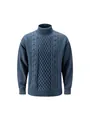 Detailopname van blauwe herentrui met col en een ingewikkeld kabelbreipatroon - M / Tops / Denim Blauw
