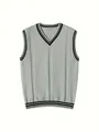 Detalle del chaleco de punto con cuello en V para hombre estilo preppy con puños a rayas - M / Tops / Gris