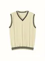 Chaleco de punto para hombre estilo preppy con cuello en V y rayas de contraste crema - M / Tops / Albaricoque