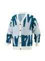 Detailed view of the blue graphic knit pattern on a white V-neck button-down cardigan jacket. - Dark Blue