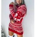 Festive red Christmas knit dress featuring white reindeer and snowflake patterns, long sleeves - S / Tops / Red