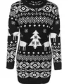 Women's black and white Christmas sweater dress featuring reindeer and tree pattern - M / Tops / Black
