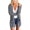 Women's casual grey knit cardigan open front long sleeve sweater with pockets - S / Tops / Gray