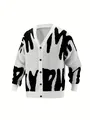 Casual white V-neck knit cardigan with bold black graphic print and button closure - S / Tops / White
