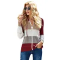 Detailed view of women's color-block striped hooded knit cardigan with distressed texture - S / Tops / Burgundy