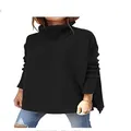 Oversized black turtleneck knit sweater with casual batwing sleeves for women - Black