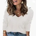 Close-up of white V-neck knit sweater with vertical ribbed texture and long sleeves - S / Tops / White