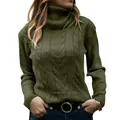 Suéter de cuello alto retro verde oliva con trenzas para mujer para otoño e invierno - S / Tops / Verde Militar