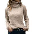Jersey beige de cuello alto con punto trenzado para mujer, manga larga y corte holgado - S / Tops / Beige