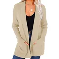 Elegante effen kleurige gebreide damesvest met zakken en open voorkant in de kleur beige - Khaki