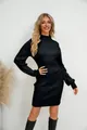 Elegant black long-sleeved mock neck ribbed knit mini dress for autumn and winter - Black