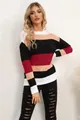 Stylish women's color block striped knit sweater with crew neck and long sleeves - S / Tops / Burgundy
