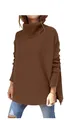 Close-up of brown oversized turtleneck sweater with batwing sleeves and knit texture - Brown