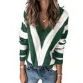 Jersey de punto para mujer con cuello en V a rayas verdes y blancas en ajuste holgado - S / Tops / Verde