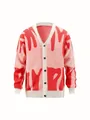 Trendy pink and red V-neck knitted cardigan featuring a bold abstract lettering pattern - S / Tops / Red