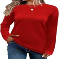 Women's red round neck long sleeve knit pullover sweater for autumn and winter - Pure Red
