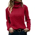 Komfortabler Damen Retro-Rollkragenpullover mit Zopfmuster in kräftigem Unirot - Burgunderrot