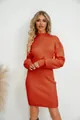 Detail of a burnt orange ribbed knit mini dress with high neck and puffed sleeves - S / Top And Bottom / Orange Red