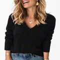 Stylish women's casual V-neck long sleeve ribbed knit pullover sweater in solid black color - S / Tops / Black