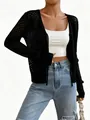 Elegante chaqueta de punto calado negro con manga larga y lazo ajustable para mujer - S / Tops / Negro