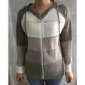 Women's striped hooded knit cardigan sweater with hollow out design in white and grey - S / Tops / Gray