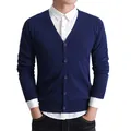 Classic men's navy blue V-neck pure cotton knitted cardigan sweater jacket for casual wear - M / Tops / Dark Blue