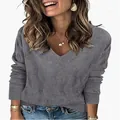 Women's casual grey V-neck long sleeve pullover knit sweater with ribbed vertical texture - S / Tops / Space Gray