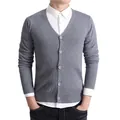 Casual men's pure cotton V-neck long sleeve cardigan knit sweater in solid grey color - M / Tops / Dark Gray