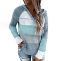 Pull à capuche en tricot rayé color-block pour femme, bleu et gris - Bleu roi