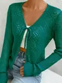 Elegante cárdigan verde con cordón y punto calado para mujer, con manga larga - S / Tops / Verde