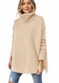 Women's oversized apricot turtleneck knit sweater featuring stylish batwing sleeves - Apricot