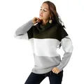 Elegante jersey de cuello alto color block para mujer en verde oliva blanco y gris - S / Tops / Verde