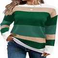 Women's long-sleeved round neck knit pullover with green and tan color-block design - Verdant