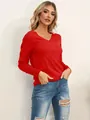 Stylish women's casual red V-neck long sleeve ribbed knit pullover sweater for autumn - S / Tops / Red