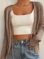 Cardigan in maglia traforata boho chic da donna con laccetti in marrone terroso - Cammello