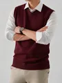 Premium men's burgundy V-neck knit sweater vest, stylish sleeveless pullover for autumn - S / Tops / Burgundy