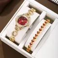 Detail showing gold-tone watch with red dial and matching heart crystal bracelet set - Watch + Bracelet Set / Red