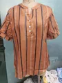 Front view of brown vertical striped short sleeve blouse with V-neck and buttons detail - 3XL / Tops / Tan