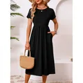 Vestito lungo nero casual con maniche corte, girocollo ed elastico in vita - Taglia S / Nero