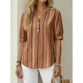 Casual women's summer V-neck striped blouse with short sleeves and decorative white buttons - S / Tops / Tan