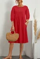 Casual red cotton linen loose dress with lantern sleeves and side pockets for women - Red