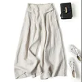 Pantalones de pernera ancha de algodón y lino beige con cintura alta y holgados - M / Bottoms / Beige