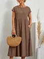 Detailed view of brown cotton linen maxi dress with short sleeves and pockets. - S / Top And Bottom / Khaki