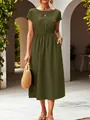 Elegante abito lungo verde oliva a maniche corte con vita elastica e dettaglio tasche - Taglia S / Verde militare